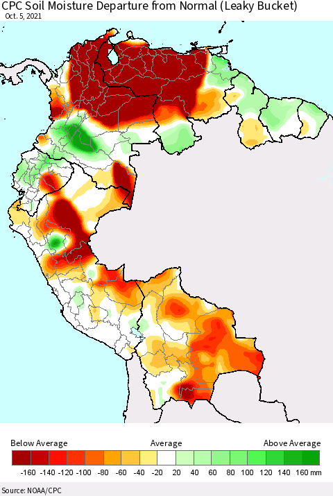 Northern South America CPC Calculated Soil Moisture Anomaly (Leaky Bucket) Thematic Map For 10/1/2021 - 10/5/2021