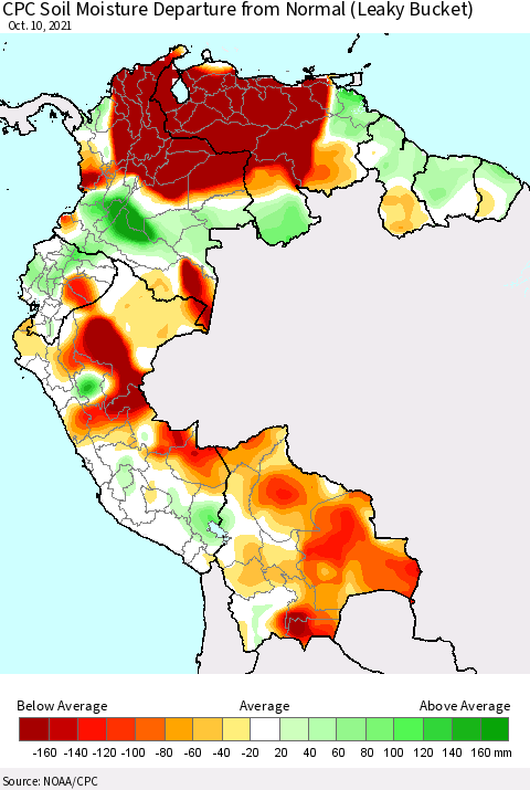 Northern South America CPC Calculated Soil Moisture Anomaly (Leaky Bucket) Thematic Map For 10/6/2021 - 10/10/2021