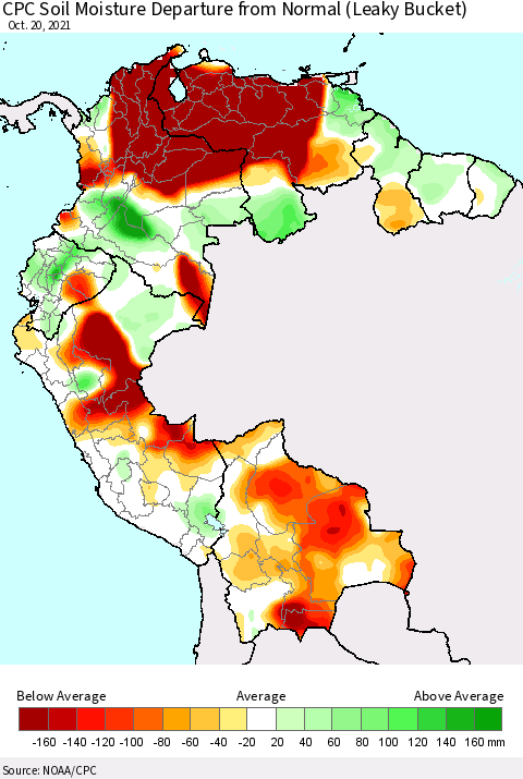 Northern South America CPC Soil Moisture Departure from Normal (Leaky Bucket) Thematic Map For 10/16/2021 - 10/20/2021