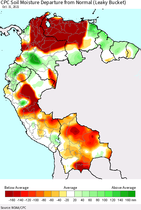 Northern South America CPC Soil Moisture Departure from Normal (Leaky Bucket) Thematic Map For 10/26/2021 - 10/31/2021