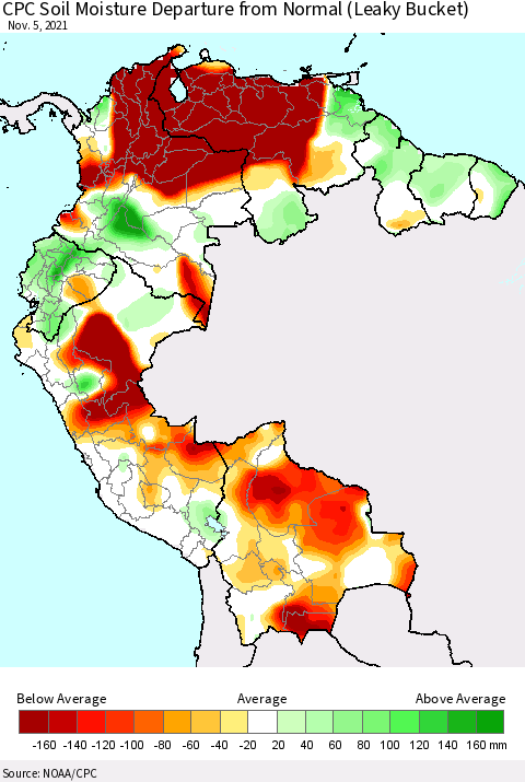 Northern South America CPC Soil Moisture Departure from Normal (Leaky Bucket) Thematic Map For 11/1/2021 - 11/5/2021