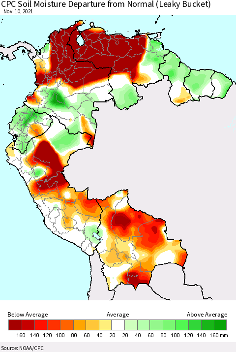 Northern South America CPC Calculated Soil Moisture Anomaly (Leaky Bucket) Thematic Map For 11/6/2021 - 11/10/2021