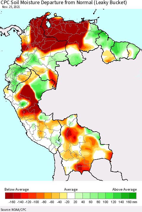 Northern South America CPC Soil Moisture Departure from Normal (Leaky Bucket) Thematic Map For 11/21/2021 - 11/25/2021