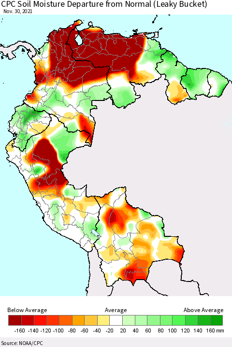 Northern South America CPC Calculated Soil Moisture Anomaly (Leaky Bucket) Thematic Map For 11/26/2021 - 11/30/2021