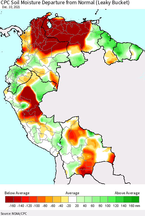 Northern South America CPC Calculated Soil Moisture Anomaly (Leaky Bucket) Thematic Map For 12/6/2021 - 12/10/2021