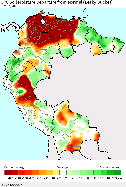 Northern South America CPC Calculated Soil Moisture Anomaly (Leaky Bucket) Thematic Map For 12/11/2021 - 12/15/2021