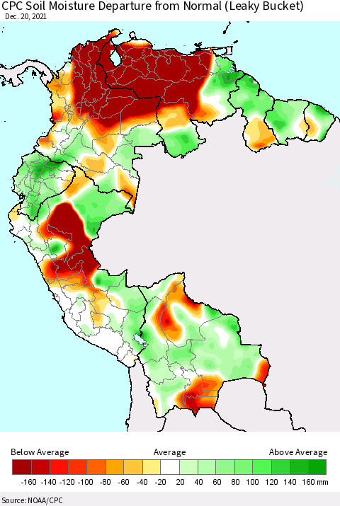 Northern South America CPC Calculated Soil Moisture Anomaly (Leaky Bucket) Thematic Map For 12/16/2021 - 12/20/2021