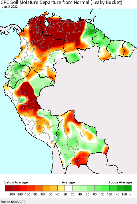 Northern South America CPC Calculated Soil Moisture Anomaly (Leaky Bucket) Thematic Map For 1/1/2022 - 1/5/2022