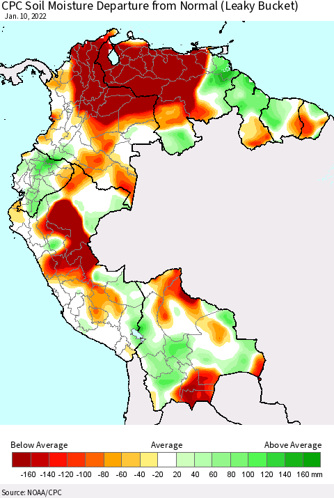 Northern South America CPC Calculated Soil Moisture Anomaly (Leaky Bucket) Thematic Map For 1/6/2022 - 1/10/2022