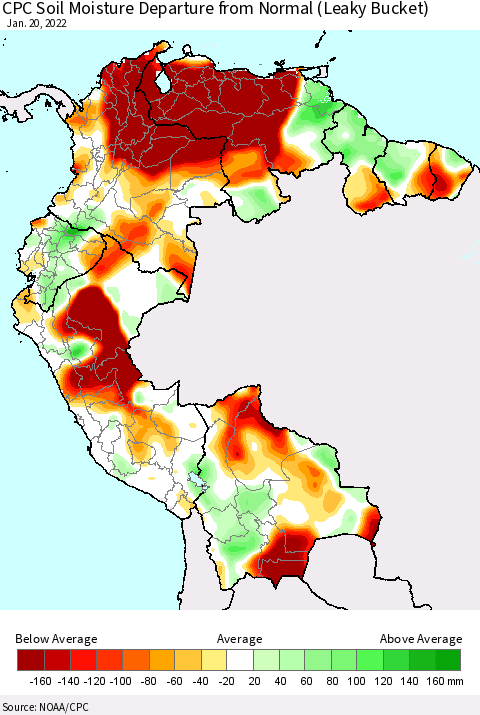 Northern South America CPC Calculated Soil Moisture Anomaly (Leaky Bucket) Thematic Map For 1/16/2022 - 1/20/2022