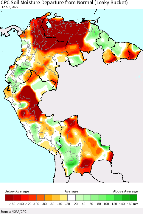 Northern South America CPC Calculated Soil Moisture Anomaly (Leaky Bucket) Thematic Map For 2/1/2022 - 2/5/2022