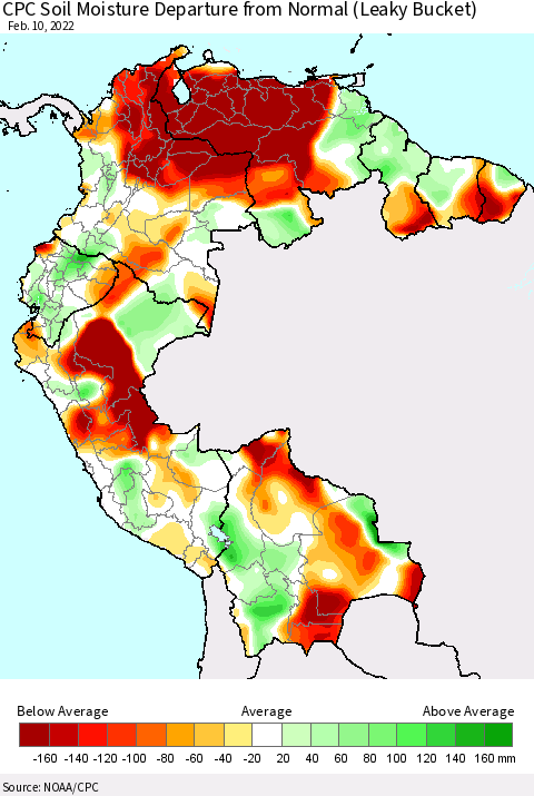 Northern South America CPC Calculated Soil Moisture Anomaly (Leaky Bucket) Thematic Map For 2/6/2022 - 2/10/2022
