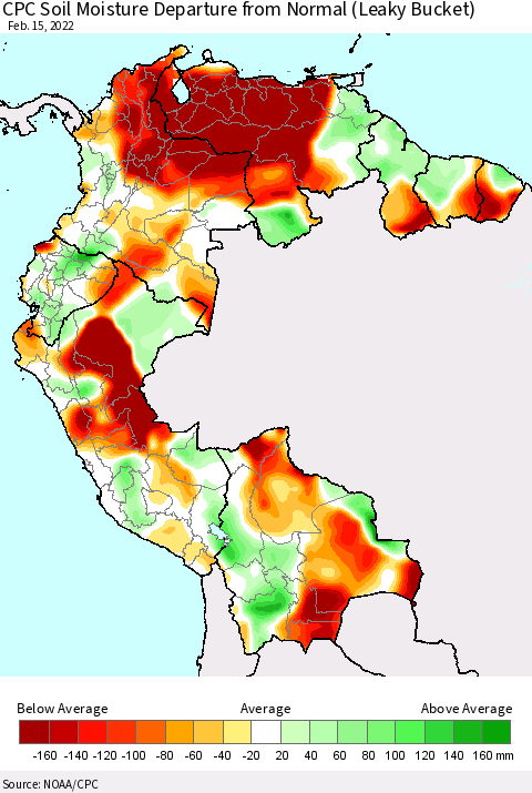 Northern South America CPC Calculated Soil Moisture Anomaly (Leaky Bucket) Thematic Map For 2/11/2022 - 2/15/2022