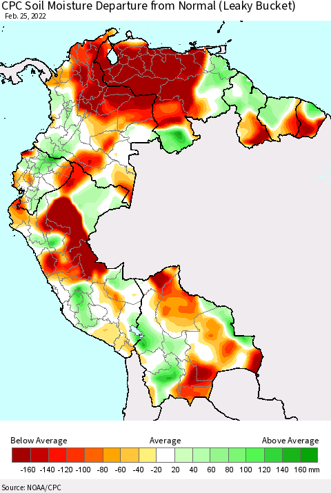 Northern South America CPC Calculated Soil Moisture Anomaly (Leaky Bucket) Thematic Map For 2/21/2022 - 2/25/2022