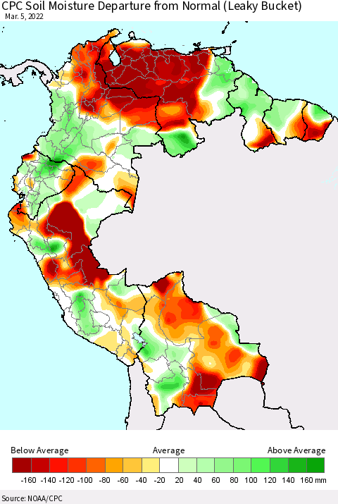 Northern South America CPC Calculated Soil Moisture Anomaly (Leaky Bucket) Thematic Map For 3/1/2022 - 3/5/2022