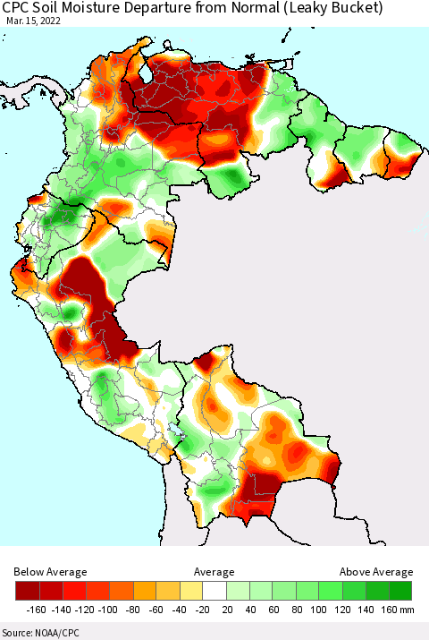 Northern South America CPC Soil Moisture Departure from Normal (Leaky Bucket) Thematic Map For 3/11/2022 - 3/15/2022