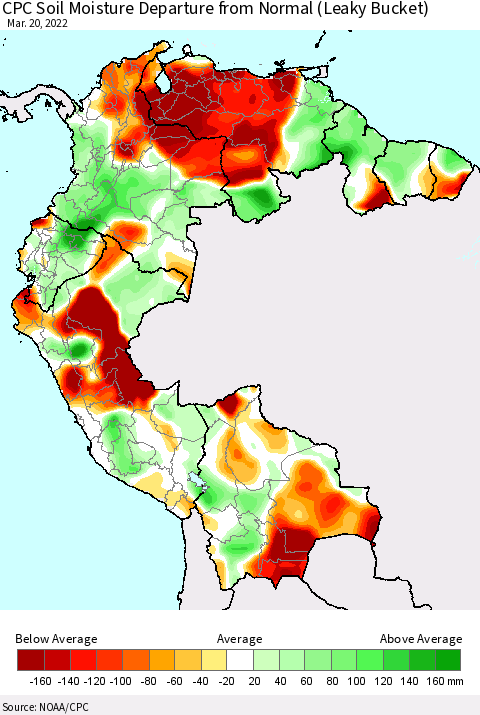 Northern South America CPC Calculated Soil Moisture Anomaly (Leaky Bucket) Thematic Map For 3/16/2022 - 3/20/2022