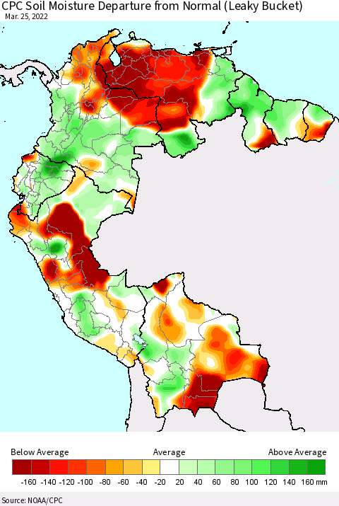 Northern South America CPC Calculated Soil Moisture Anomaly (Leaky Bucket) Thematic Map For 3/21/2022 - 3/25/2022