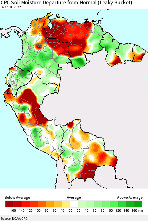 Northern South America CPC Calculated Soil Moisture Anomaly (Leaky Bucket) Thematic Map For 3/26/2022 - 3/31/2022