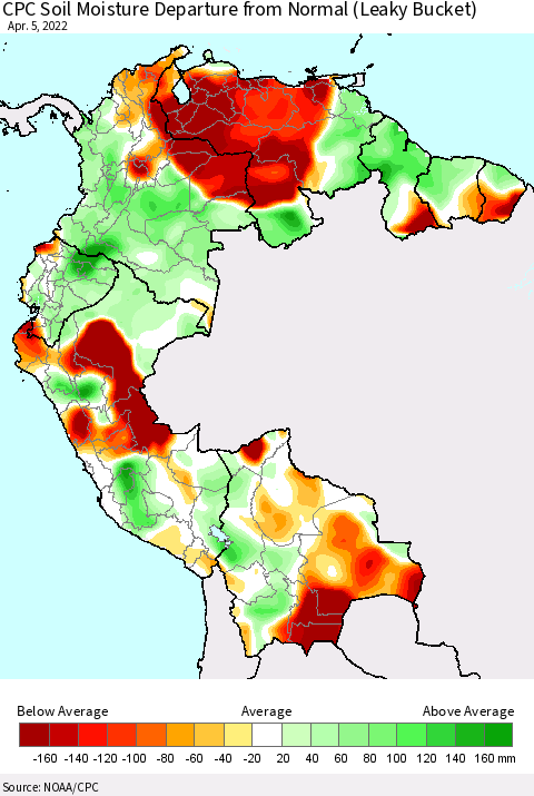 Northern South America CPC Calculated Soil Moisture Anomaly (Leaky Bucket) Thematic Map For 4/1/2022 - 4/5/2022