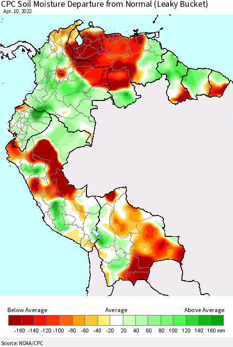 Northern South America CPC Calculated Soil Moisture Anomaly (Leaky Bucket) Thematic Map For 4/6/2022 - 4/10/2022