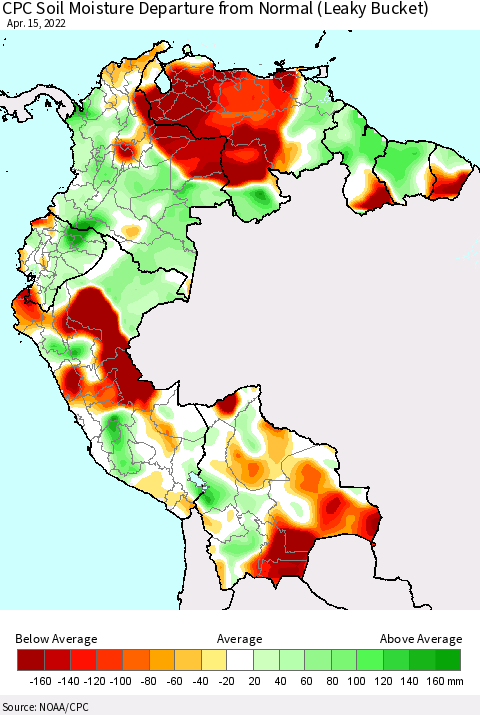 Northern South America CPC Soil Moisture Departure from Normal (Leaky Bucket) Thematic Map For 4/11/2022 - 4/15/2022