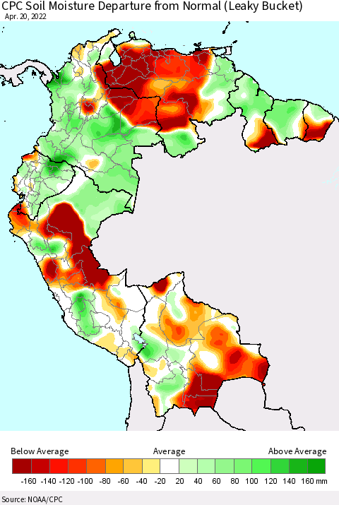 Northern South America CPC Calculated Soil Moisture Anomaly (Leaky Bucket) Thematic Map For 4/16/2022 - 4/20/2022