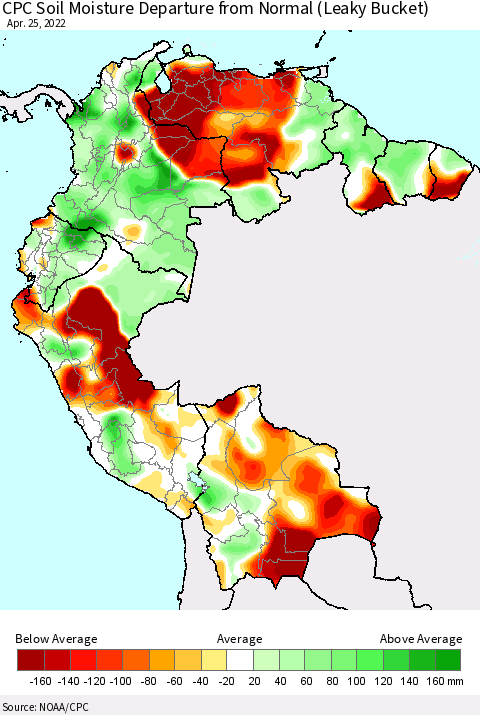 Northern South America CPC Calculated Soil Moisture Anomaly (Leaky Bucket) Thematic Map For 4/21/2022 - 4/25/2022