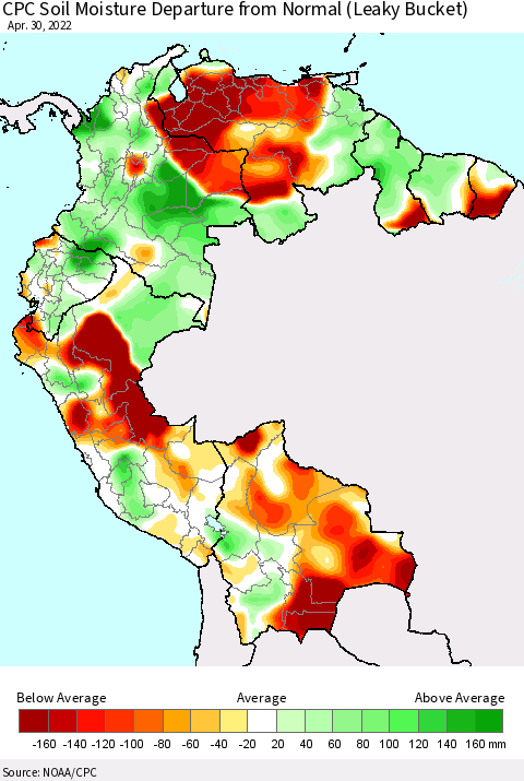Northern South America CPC Soil Moisture Departure from Normal (Leaky Bucket) Thematic Map For 4/26/2022 - 4/30/2022