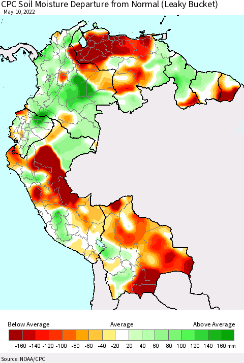 Northern South America CPC Calculated Soil Moisture Anomaly (Leaky Bucket) Thematic Map For 5/6/2022 - 5/10/2022