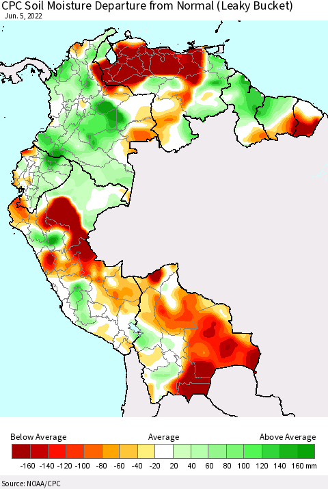 Northern South America CPC Calculated Soil Moisture Anomaly (Leaky Bucket) Thematic Map For 6/1/2022 - 6/5/2022