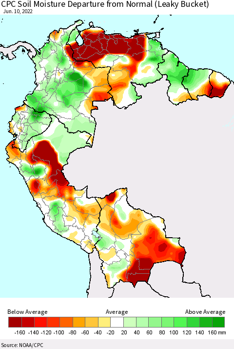 Northern South America CPC Calculated Soil Moisture Anomaly (Leaky Bucket) Thematic Map For 6/6/2022 - 6/10/2022