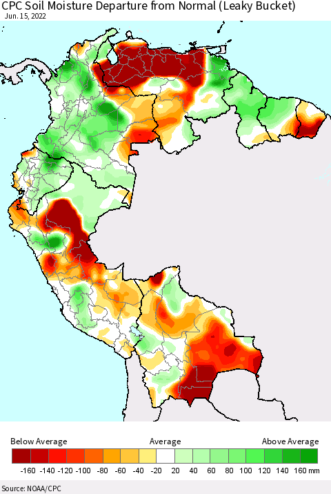 Northern South America CPC Calculated Soil Moisture Anomaly (Leaky Bucket) Thematic Map For 6/11/2022 - 6/15/2022