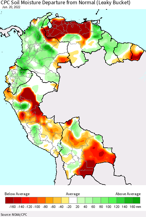Northern South America CPC Calculated Soil Moisture Anomaly (Leaky Bucket) Thematic Map For 6/16/2022 - 6/20/2022
