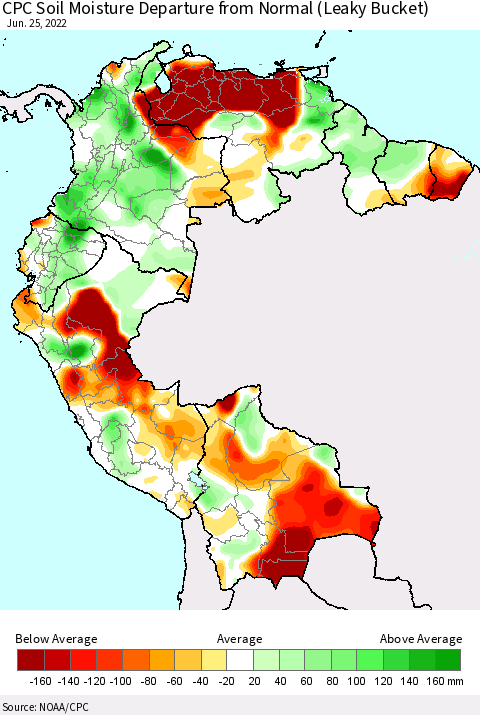 Northern South America CPC Soil Moisture Departure from Normal (Leaky Bucket) Thematic Map For 6/21/2022 - 6/25/2022