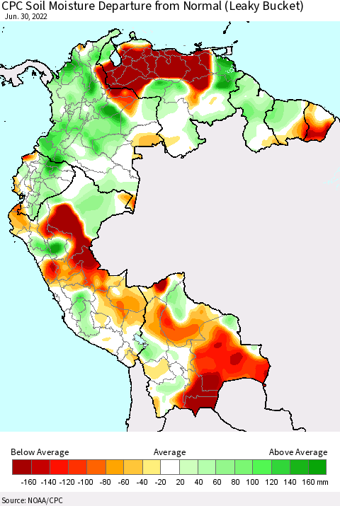 Northern South America CPC Soil Moisture Departure from Normal (Leaky Bucket) Thematic Map For 6/26/2022 - 6/30/2022