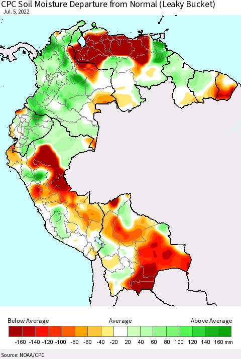 Northern South America CPC Calculated Soil Moisture Anomaly (Leaky Bucket) Thematic Map For 7/1/2022 - 7/5/2022