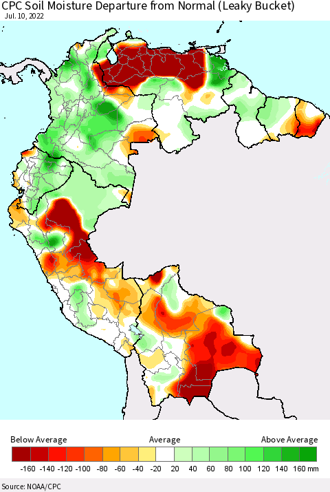 Northern South America CPC Calculated Soil Moisture Anomaly (Leaky Bucket) Thematic Map For 7/6/2022 - 7/10/2022