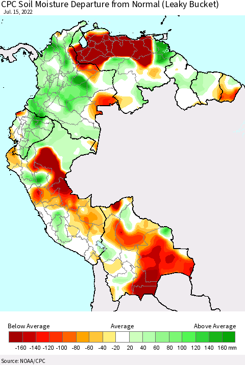 Northern South America CPC Soil Moisture Departure from Normal (Leaky Bucket) Thematic Map For 7/11/2022 - 7/15/2022