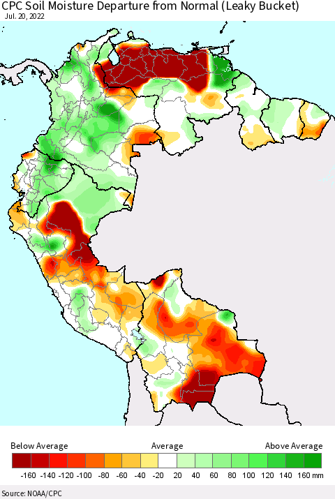 Northern South America CPC Soil Moisture Departure from Normal (Leaky Bucket) Thematic Map For 7/16/2022 - 7/20/2022