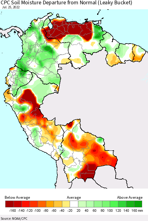 Northern South America CPC Calculated Soil Moisture Anomaly (Leaky Bucket) Thematic Map For 7/21/2022 - 7/25/2022