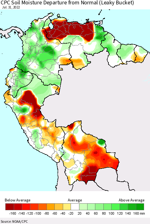 Northern South America CPC Calculated Soil Moisture Anomaly (Leaky Bucket) Thematic Map For 7/26/2022 - 7/31/2022