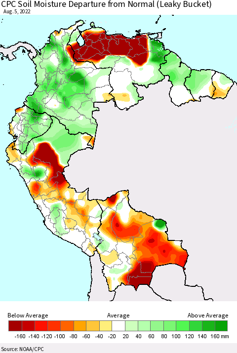 Northern South America CPC Calculated Soil Moisture Anomaly (Leaky Bucket) Thematic Map For 8/1/2022 - 8/5/2022