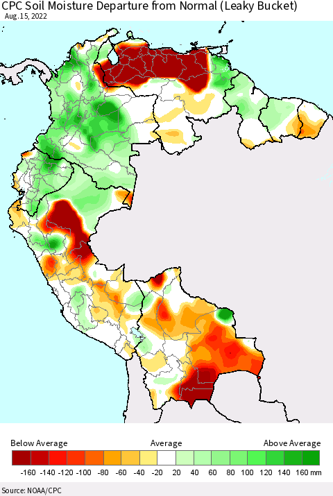 Northern South America CPC Calculated Soil Moisture Anomaly (Leaky Bucket) Thematic Map For 8/11/2022 - 8/15/2022