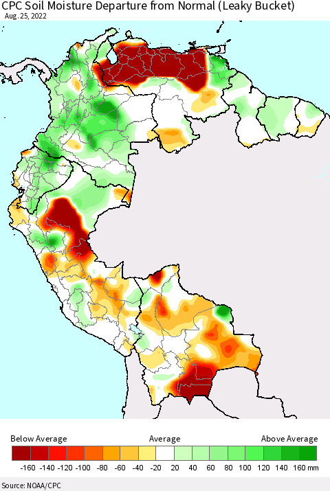 Northern South America CPC Calculated Soil Moisture Anomaly (Leaky Bucket) Thematic Map For 8/21/2022 - 8/25/2022