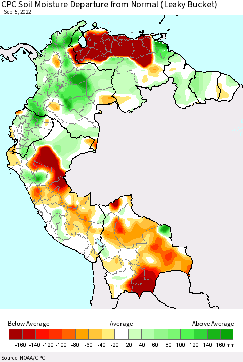 Northern South America CPC Soil Moisture Departure from Normal (Leaky Bucket) Thematic Map For 9/1/2022 - 9/5/2022
