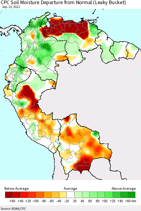 Northern South America CPC Calculated Soil Moisture Anomaly (Leaky Bucket) Thematic Map For 9/6/2022 - 9/10/2022