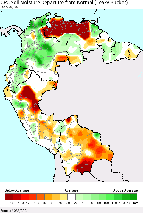 Northern South America CPC Calculated Soil Moisture Anomaly (Leaky Bucket) Thematic Map For 9/16/2022 - 9/20/2022
