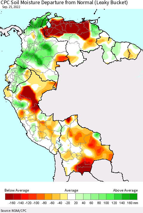 Northern South America CPC Soil Moisture Departure from Normal (Leaky Bucket) Thematic Map For 9/21/2022 - 9/25/2022