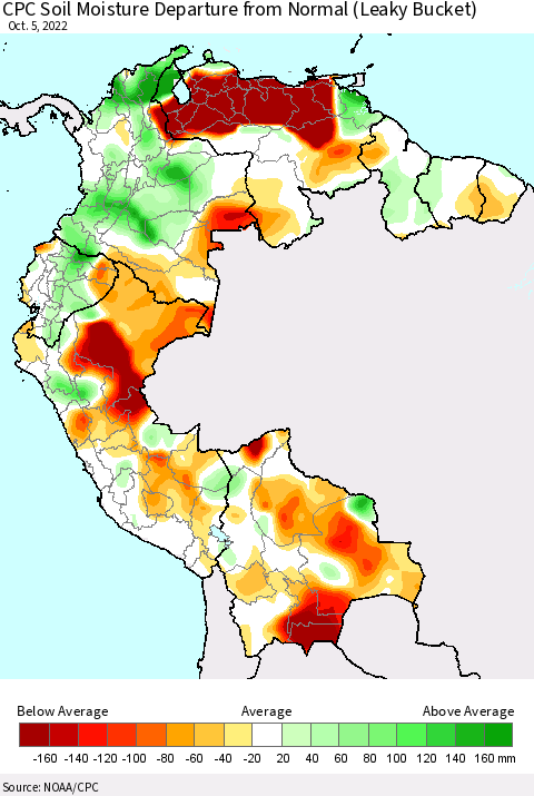 Northern South America CPC Calculated Soil Moisture Anomaly (Leaky Bucket) Thematic Map For 10/1/2022 - 10/5/2022